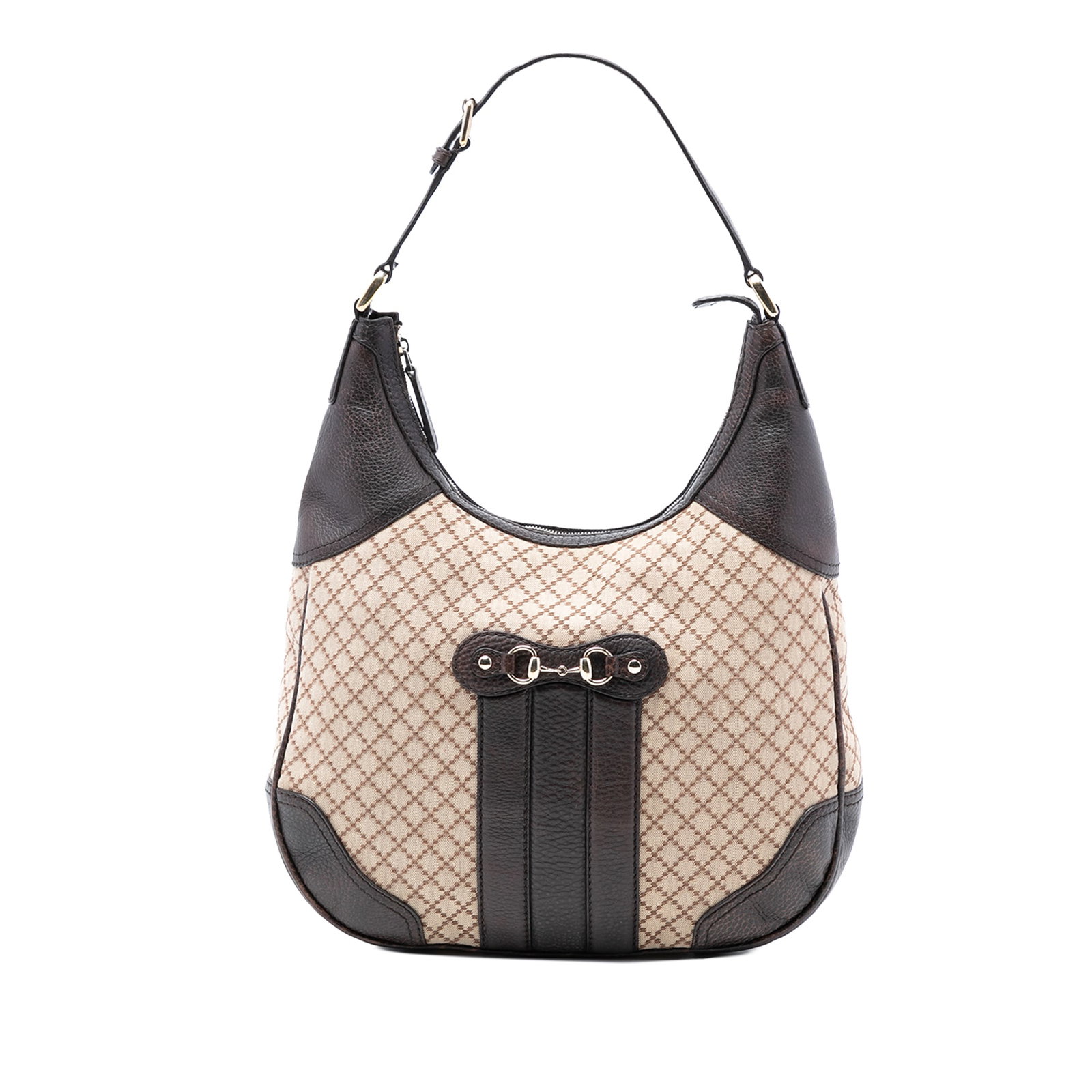 Catherine Shoulder Purse in Beige Diamante Canvas and Leather by Gucci: Catherine Shoulder Purse in Beige Diamante Canvas and Leather by Gucci This Gucci Diamante Canvas Catherine Shoulder Bag features a beige canvas body with leather trim and an adjustable flat leather s