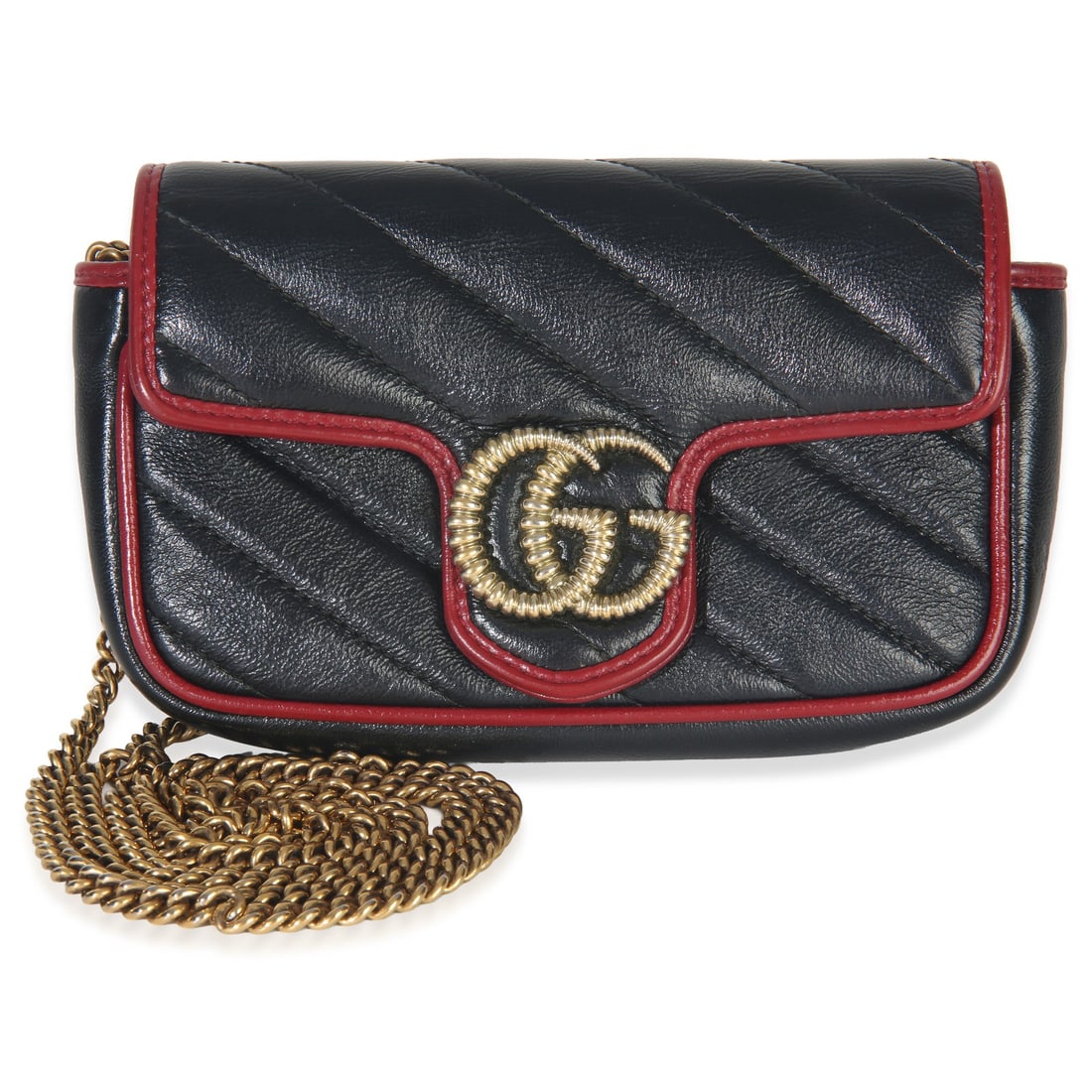 Super Mini Marmont Black Leather Crossbody Bag with Dustbag by Gucci: Super Mini Marmont Black Leather Crossbody Bag with Dustbag by Gucci This Gucci Super Mini Marmont bag features black matelasse calfskin leather with a torchon design. It is designed as a versatile cr