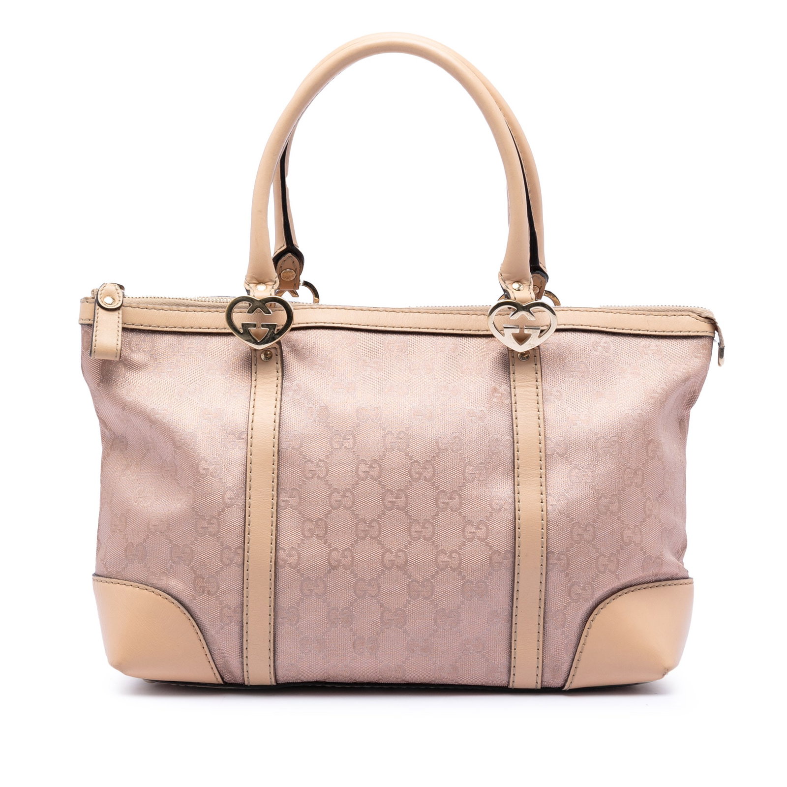 Gucci Lovely Tote Pink GG Canvas with Leather Trim: Gucci Lovely Tote Pink GG Canvas with Leather Trim This Gucci GG Canvas Lovely Tote features a pink canvas body with leather trim, rolled leather handles, a top zip closure, and interior zip and slip 