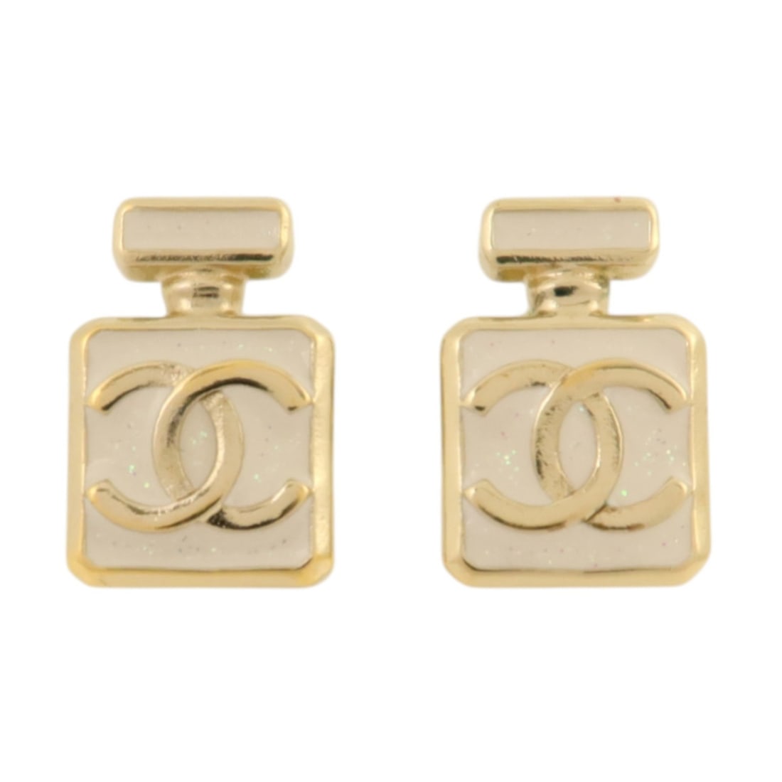 Chanel Pierced Earrings Gold Tone CC Logo White Accent (1 of 10)