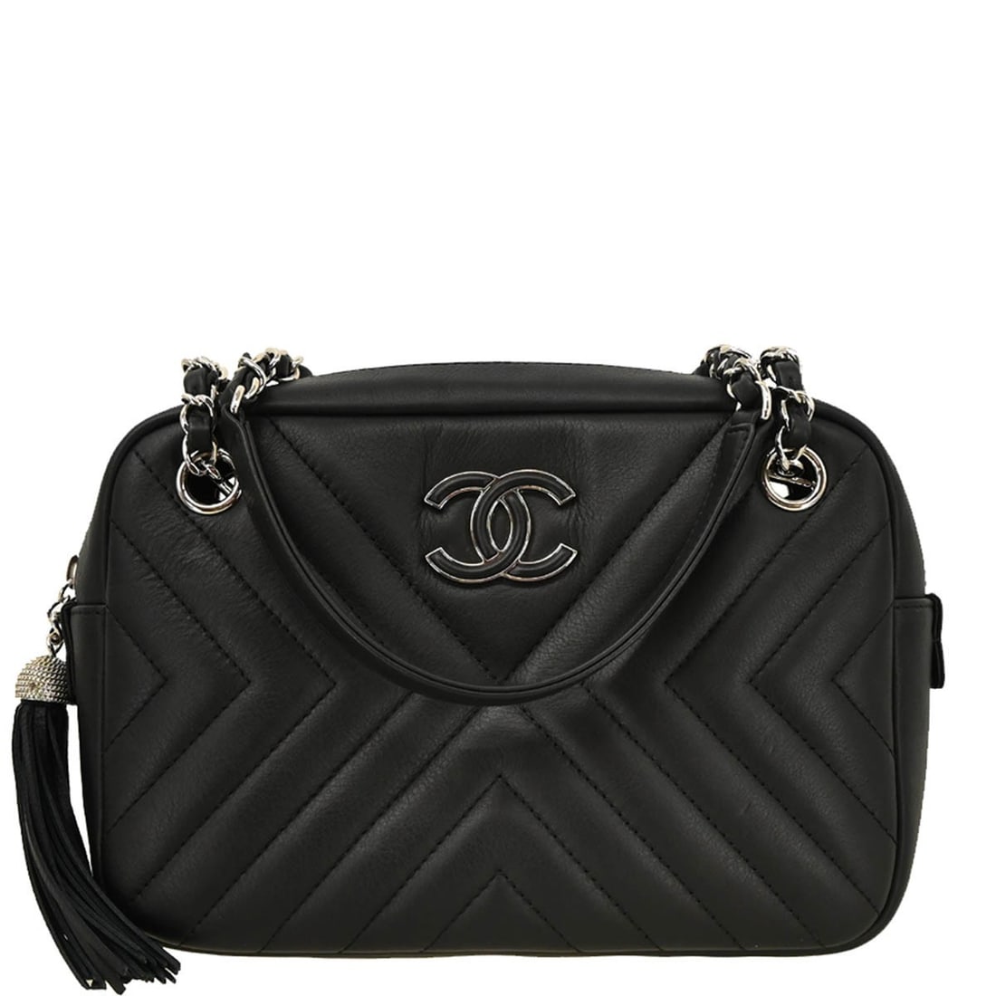 Chanel Black Lambskin Quilted Shoulder Bag Chain Strap: Chanel Black Lambskin Quilted Shoulder Bag Chain Strap Introducing the Chanel Black Lambskin Chevron Camera Bag in a small size, perfect for casual outings. This elegant shoulder bag features a luxuri