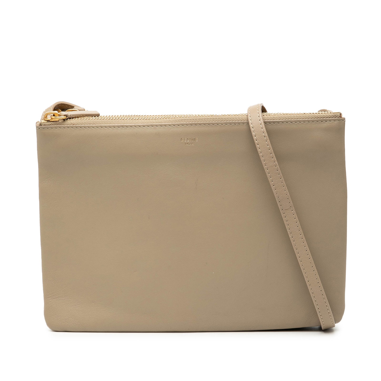 Celine Trio Large Beige Lambskin Leather Three Compartment Crossbody Bag: Celine Trio Large Beige Lambskin Leather Three Compartment Crossbody Bag This Celine Large Lambskin Trio Crossbody bag features a beige leather body with a flat strap and three top zip closures. The b