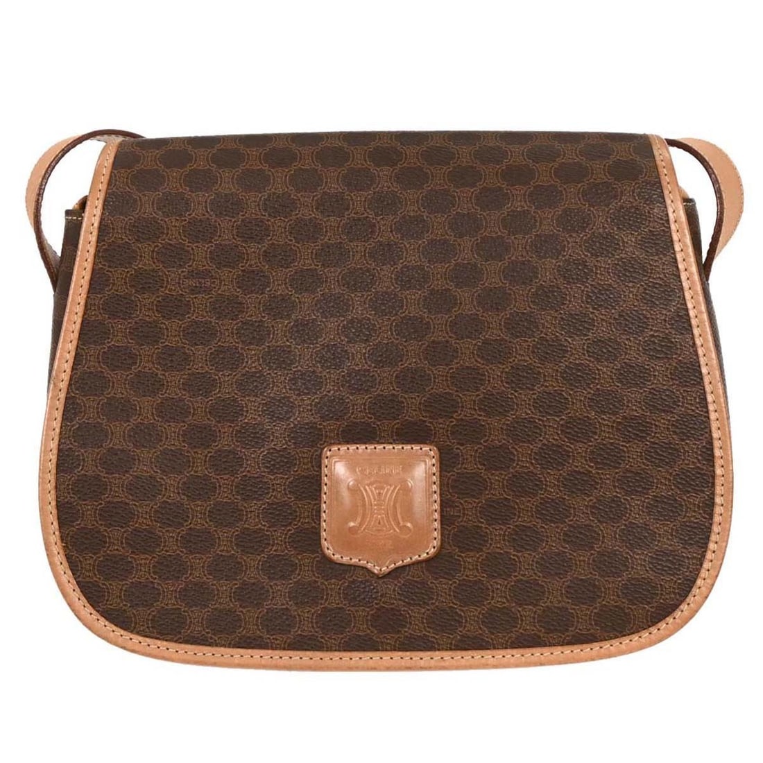 CELINE Brown PVC Macadam Shoulder Bag M14 Italy: CELINE Brown PVC Macadam Shoulder Bag M14 Italy This stylish Celine Brown PVC Macadam Shoulder Bag combines functionality with elegance. Featuring a classic Macadam pattern, this medium-sized shoulder