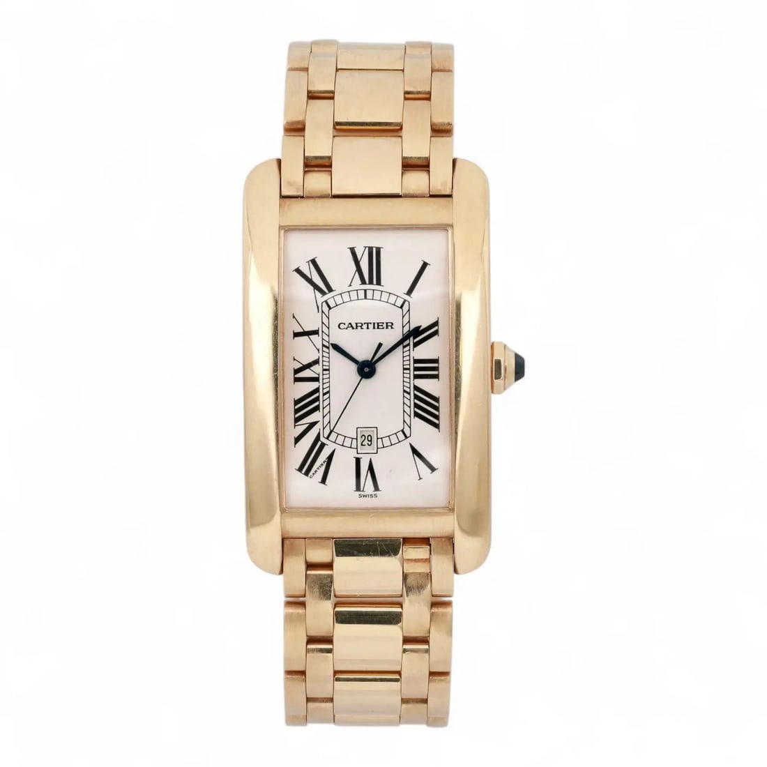 27mm Tank Americaine Yellow Gold Men's Watch by Cartier W26031K2: 27mm Tank Americaine Yellow Gold Men's Watch by Cartier W26031K2 This Cartier Tank Americaine Large wristwatch features a 27mm x 45mm rectangular case crafted from 18K yellow gold with a brushed finis