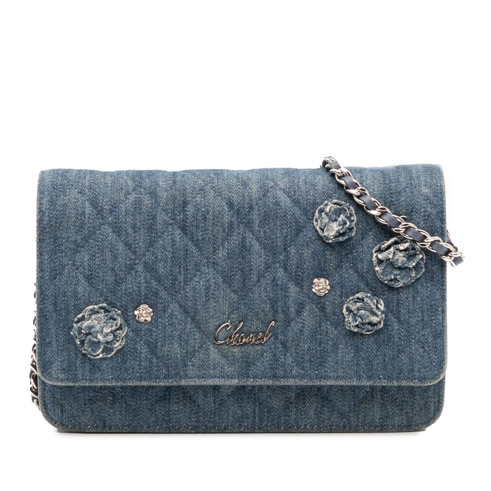 Chanel Camellia Charms Blue Quilted Denim Wallet On Chain Bag: Chanel Camellia Charms Blue Quilted Denim Wallet On Chain Bag This Chanel wallet on chain features a quilted denim body adorned with camellia charms and embellishments. It includes a leather-woven cha