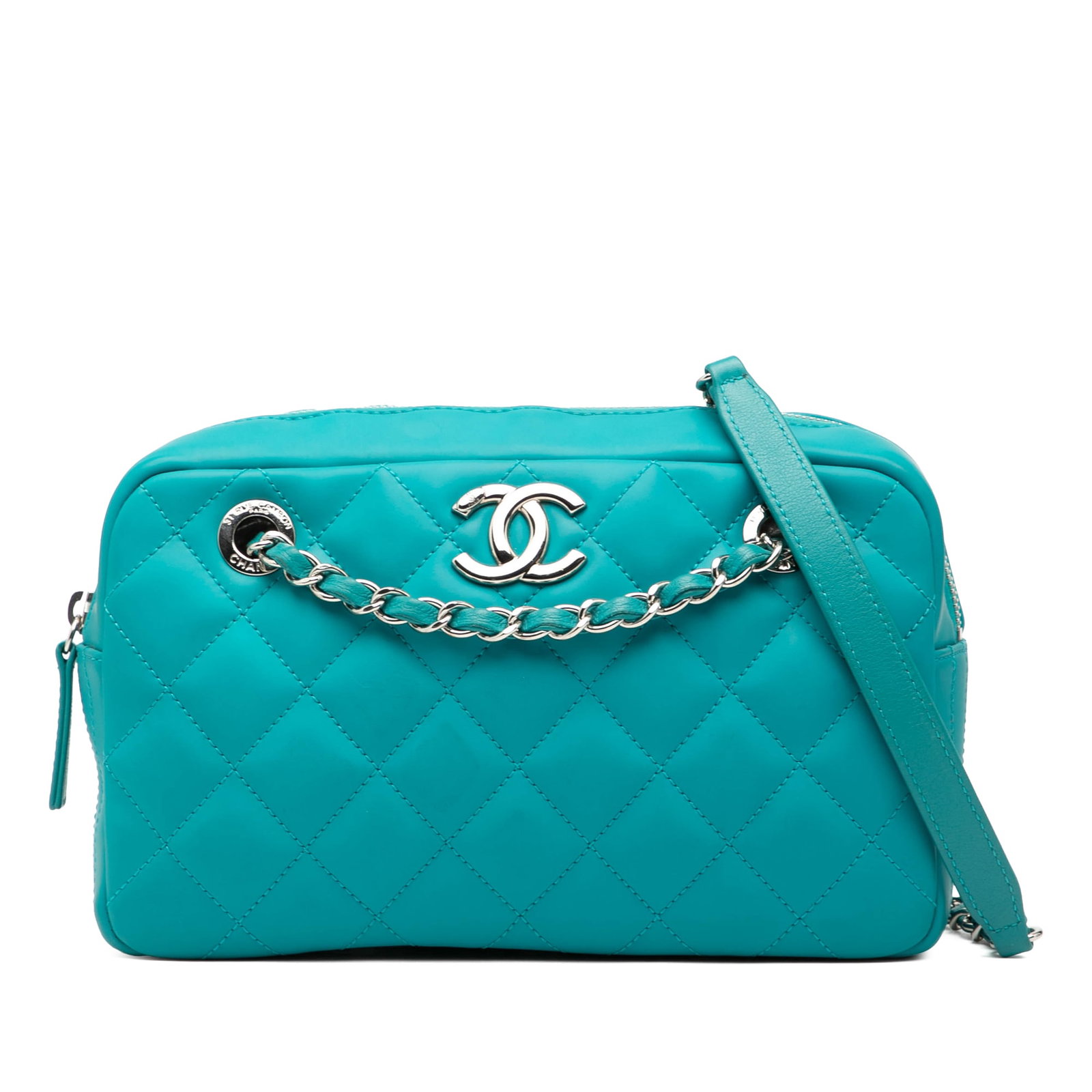 Chanel Coco Rain Quilted Rubberized Lambskin Medium Camera Crossbody Bag: Chanel Coco Rain Quilted Rubberized Lambskin Medium Camera Crossbody Bag This Chanel Medium CC Quilted Rubberized Lambskin Coco Rain Camera Bag features a blue rubberized lambskin leather exterior wit