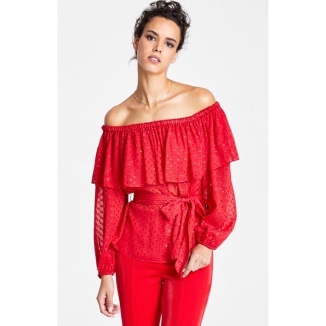 INC International Concepts Red Petite Off-the-Shoulder Blouse with Metallic Dots (1 of 1)