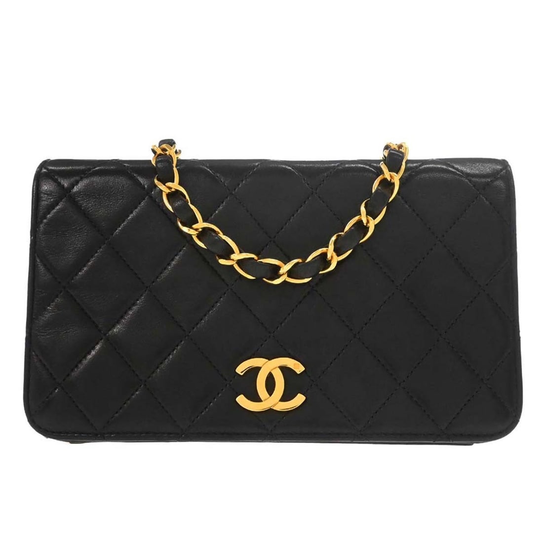 Chanel Matelasse Quilted Lambskin Mini Shoulder Bag with Push Lock Flap: Chanel Matelasse Quilted Lambskin Mini Shoulder Bag with Push Lock Flap This Chanel Mini Full Flap Shoulder Bag features black matelasse quilted lambskin leather with a push lock flap closure. Designe