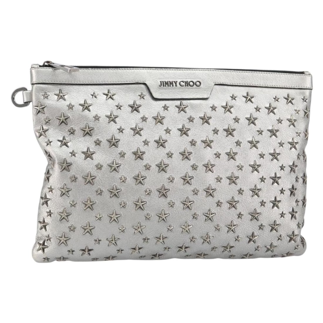 Silver Leather Jimmy Choo Clutch with Stud Detailing: Silver Leather Jimmy Choo Clutch with Stud Detailing This is a Jimmy Choo clutch bag crafted from silver leather. The bag features silver-tone stud accents and showcases a sleek, contemporary style.