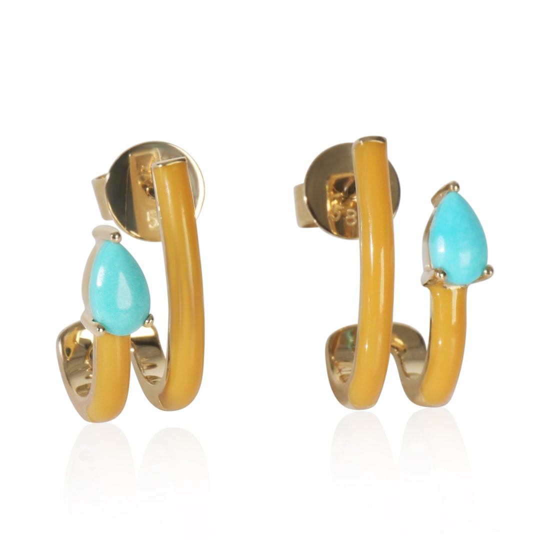 14K Yellow Gold Turquoise Tan Enamel J Hoop Earrings: 14K Yellow Gold Turquoise Tan Enamel J Hoop Earrings These exquisite Yellow Gold Turquoise & Tan Enamel J Hoop Earrings feature a unique pear shape adorned with vibrant turquoise stones. Crafted from 