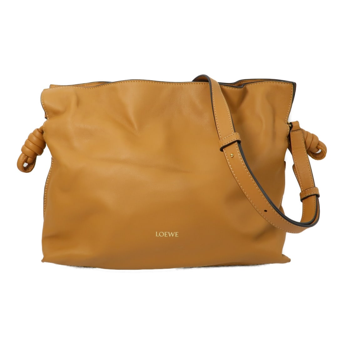 LOEWE Flameneo Brown Calfskin Shoulder Bag GHW: LOEWE Flameneo Brown Calfskin Shoulder Bag GHW This LOEWE Flameneo shoulder bag is crafted from brown calfskin leather and features gold-tone hardware. Designed for women, it offers a sophisticated lo