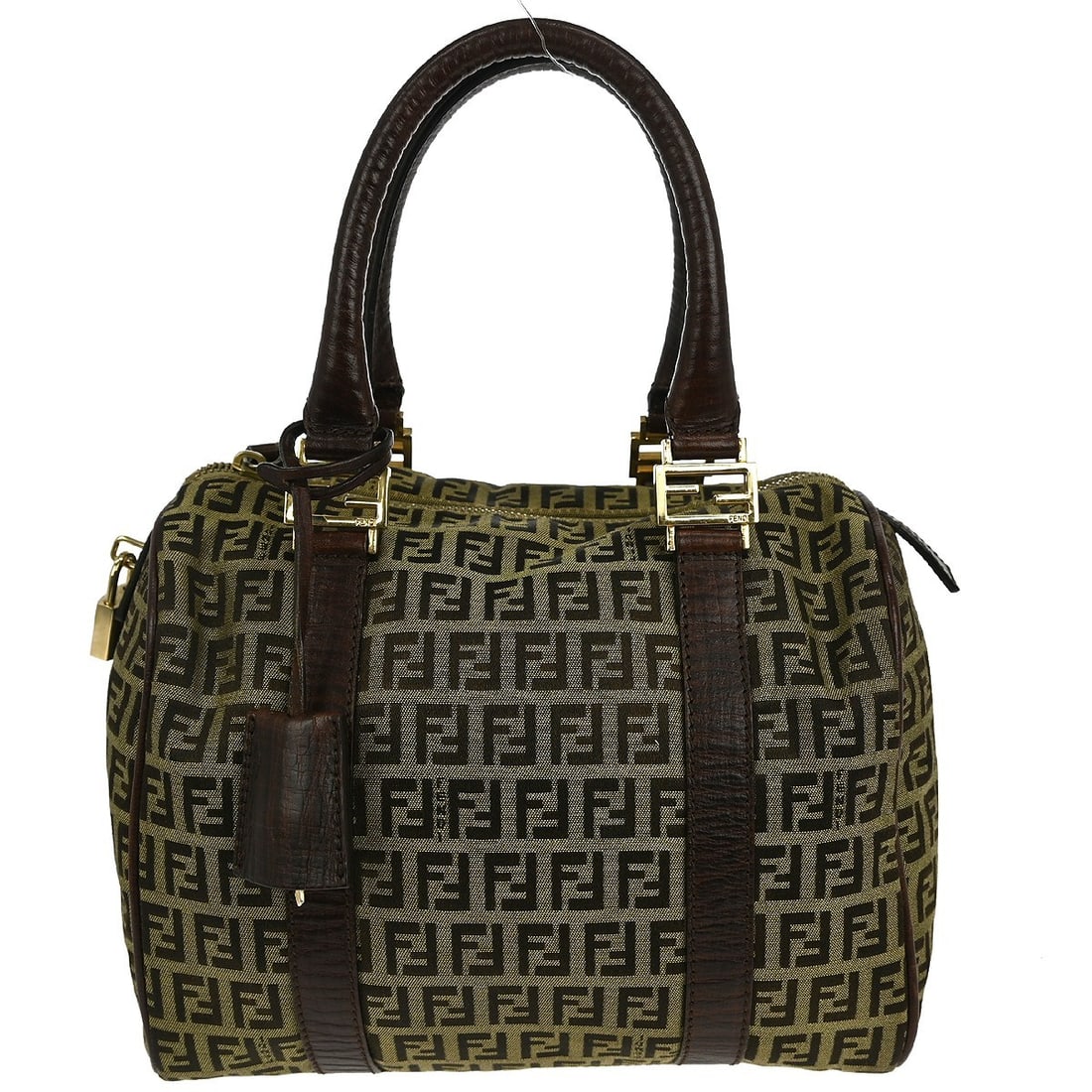 Fendi Zucchino Small Beige Canvas Handbag with Double Leather Handles: Fendi Zucchino Small Beige Canvas Handbag with Double Leather Handles This Fendi Zucchino handbag features a beige canvas exterior with the iconic logo pattern and brown leather double handles. The ba