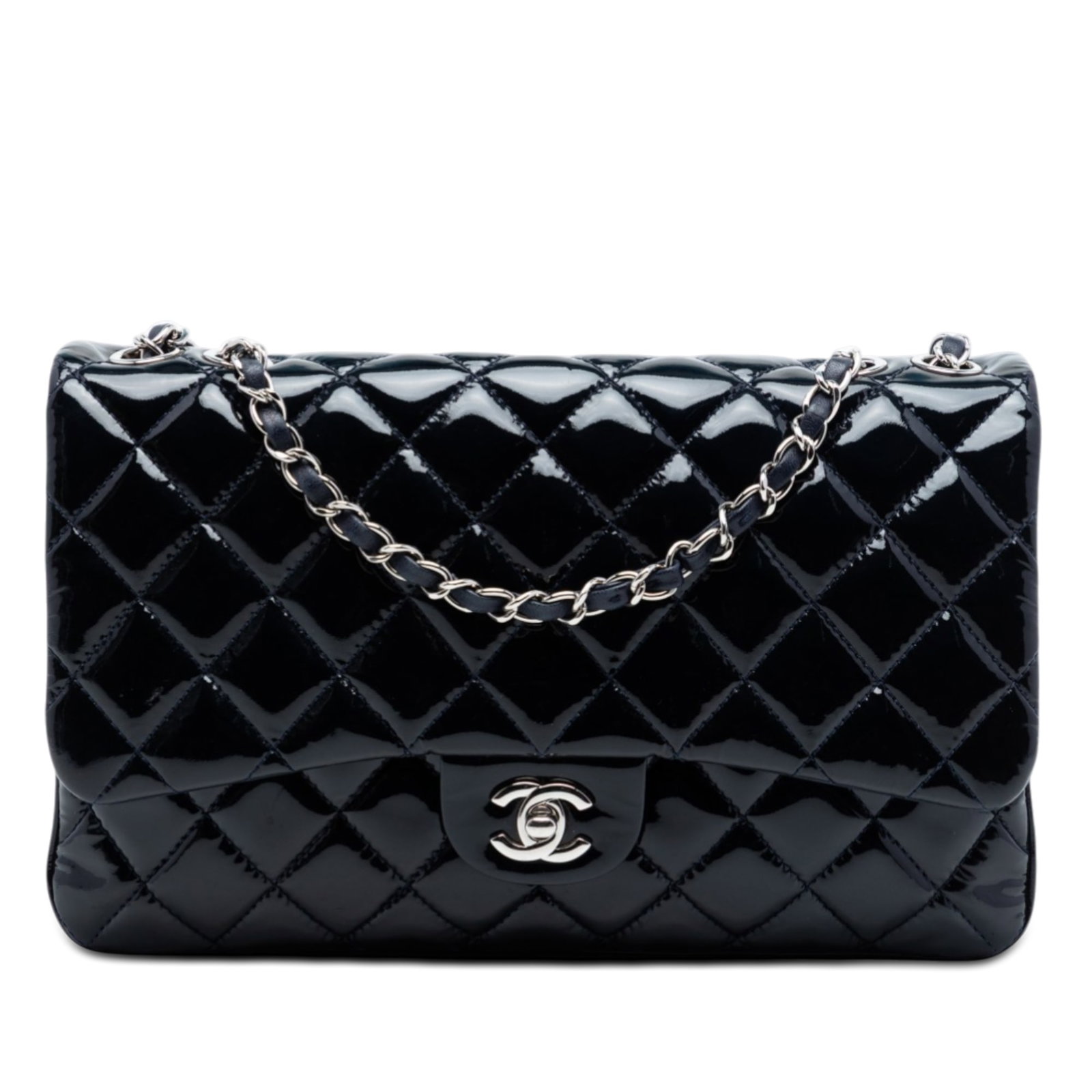 Blue Chanel Patent Leather Jumbo Shoulder Bag with Three Compartments: Blue Chanel Patent Leather Jumbo Shoulder Bag with Three Compartments This Chanel Jumbo Quilted Patent 3 Compartment Flap shoulder bag features a quilted patent leather exterior in blue, complemented 
