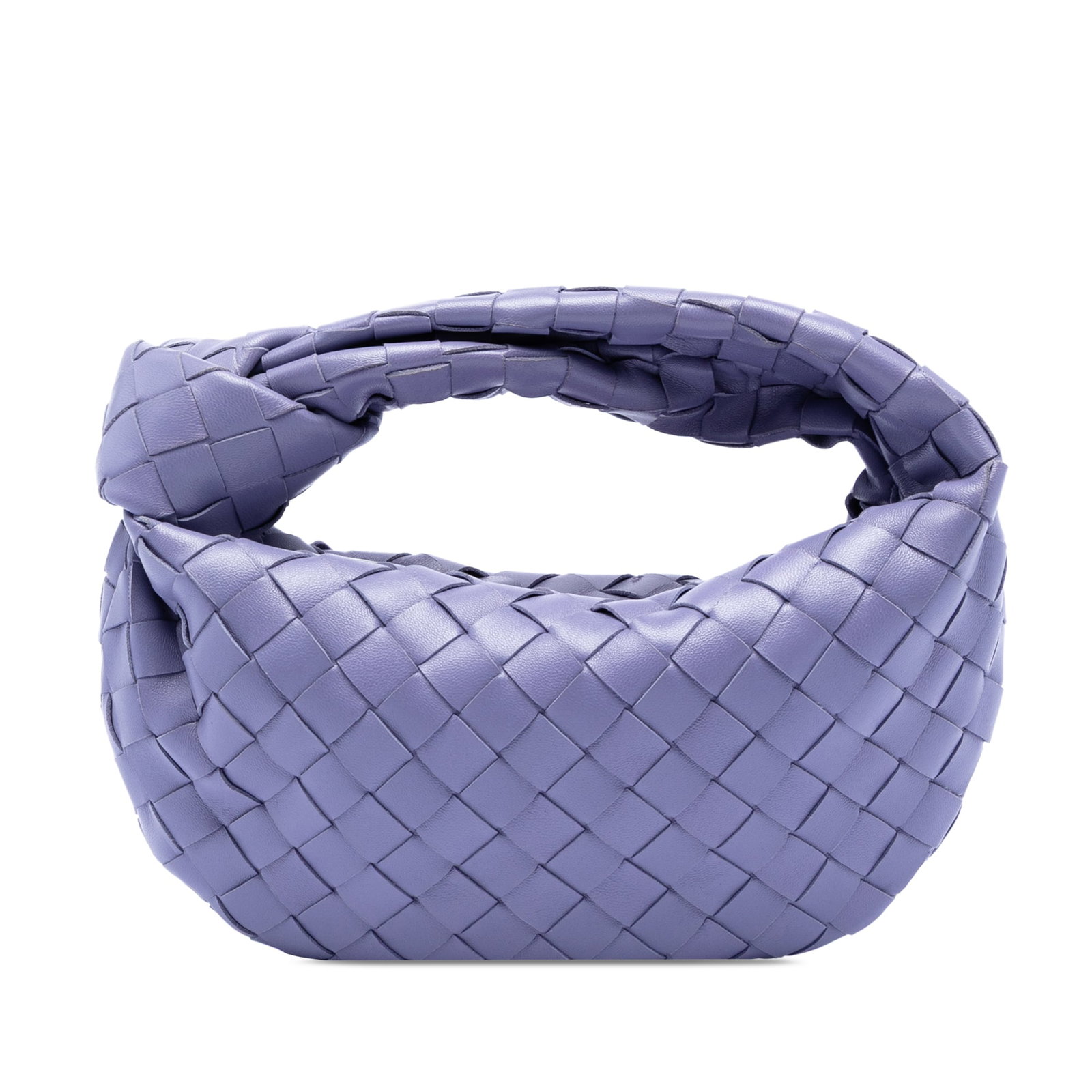 Bottega Veneta Mini Jodie Purple Woven Leather Handbag with Knot Handle: Bottega Veneta Mini Jodie Purple Woven Leather Handbag with Knot Handle This Bottega Veneta Mini Nappa Intrecciato Jodie showcases a signature woven leather body with a knotted woven leather handle an