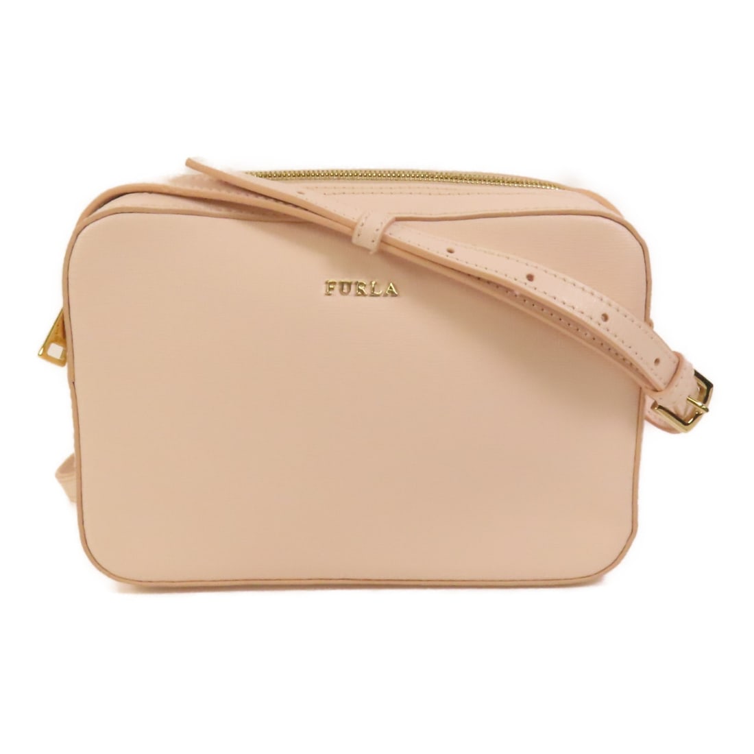 Furla Pink Calfskin Leather Shoulder Bag with Gold Tone Hardware: Furla Pink Calfskin Leather Shoulder Bag with Gold Tone Hardware This Furla shoulder bag features a pink calfskin leather exterior and a matching pink frame, offering both elegance and durability. Des