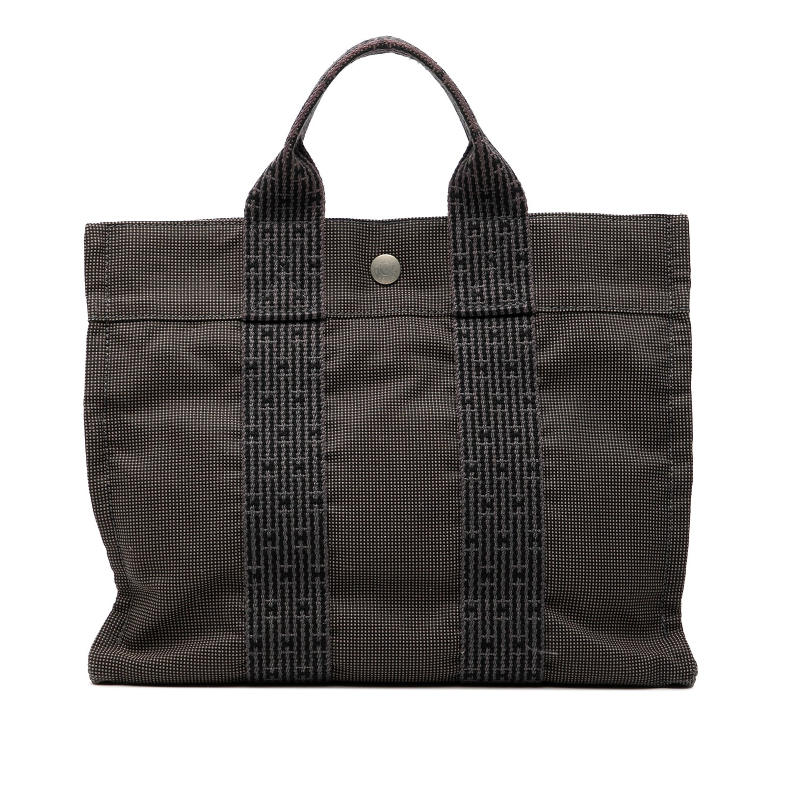 Hermes Herline PM Gray Canvas Tote Bag with Snap Closure: Hermes Herline PM Gray Canvas Tote Bag with Snap Closure The Hermes Herline PM is crafted from durable canvas and features flat straps, an open top with a snap button closure, and an interior zip comp