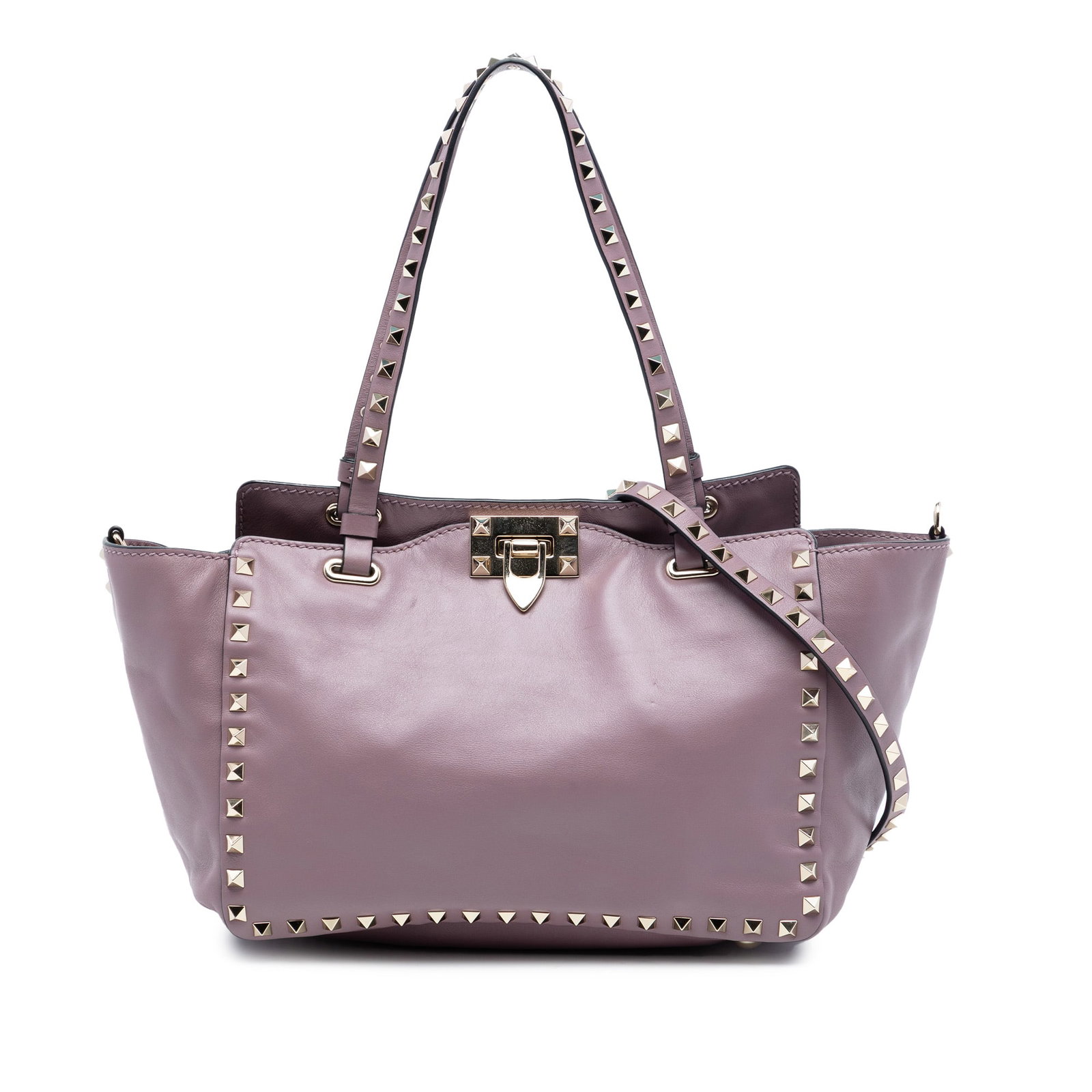 Valentino Rockstud Small Purple Leather Satchel with Studded Handles: Valentino Rockstud Small Purple Leather Satchel with Studded Handles This Valentino Small Grained Calfskin Rockstud Trapeze Satchel features a studded leather body with flat leather handles, a detacha