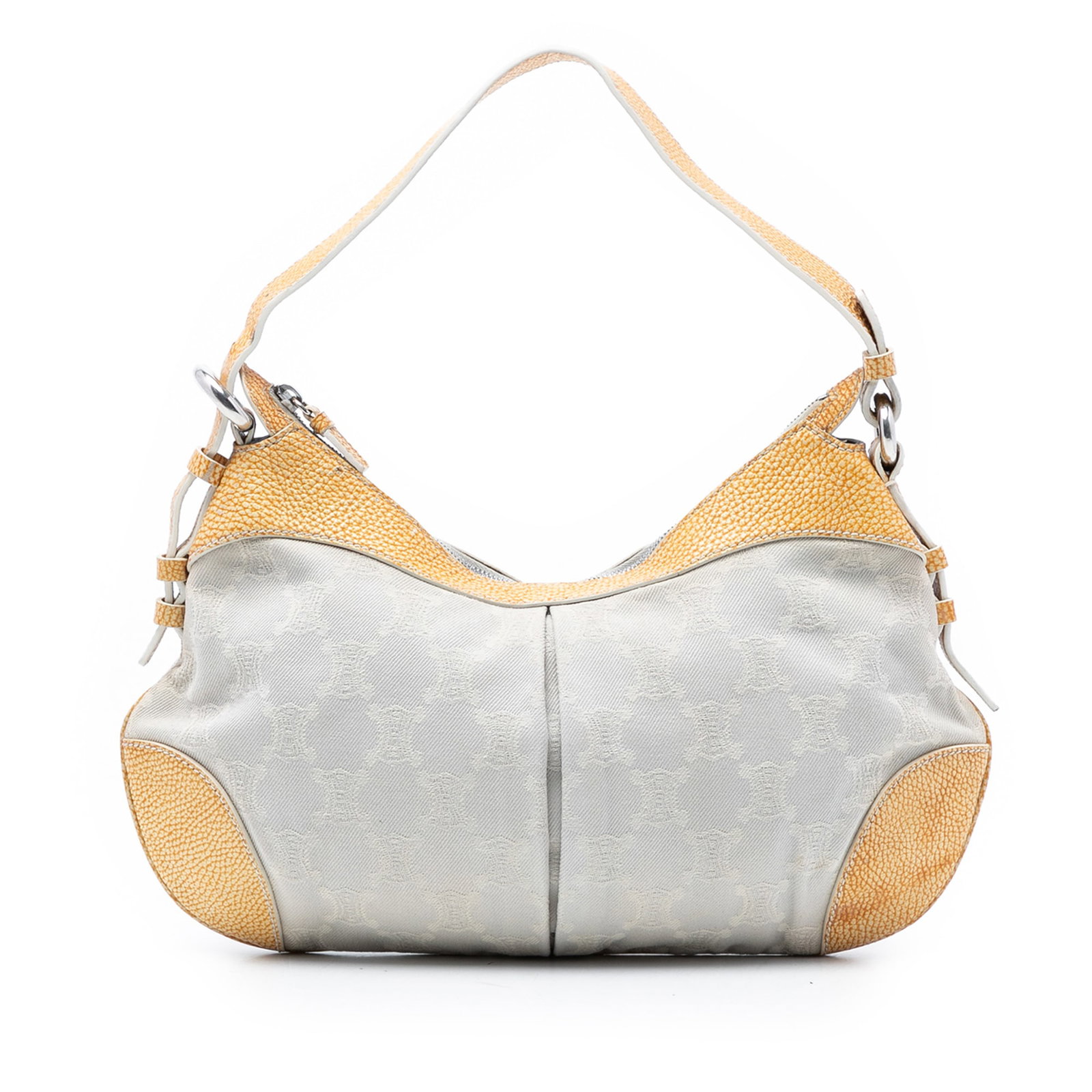 Celine Macadam Denim Shoulder Bag with Leather Trim and Zip Closure: Celine Macadam Denim Shoulder Bag with Leather Trim and Zip Closure This Celine Macadam Denim Shoulder Bag features a denim body with leather trim, a flat leather strap, a top zip closure, and interio