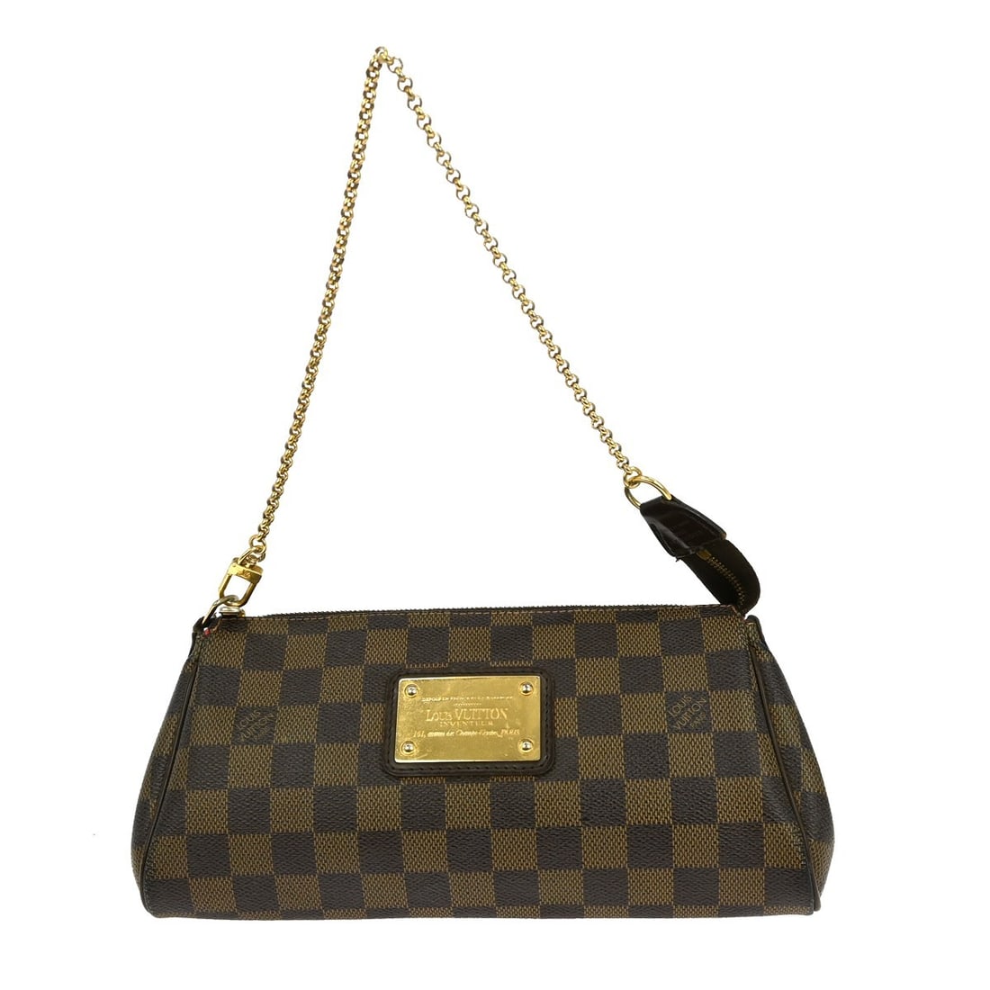 Louis Vuitton Eva Damier Ebene Chain Strap Small Brown Handbag: Louis Vuitton Eva Damier Ebene Chain Strap Small Brown Handbag This Louis Vuitton Eva handbag features the signature Damier Ebene canvas leather exterior and is designed in a small size with a check p