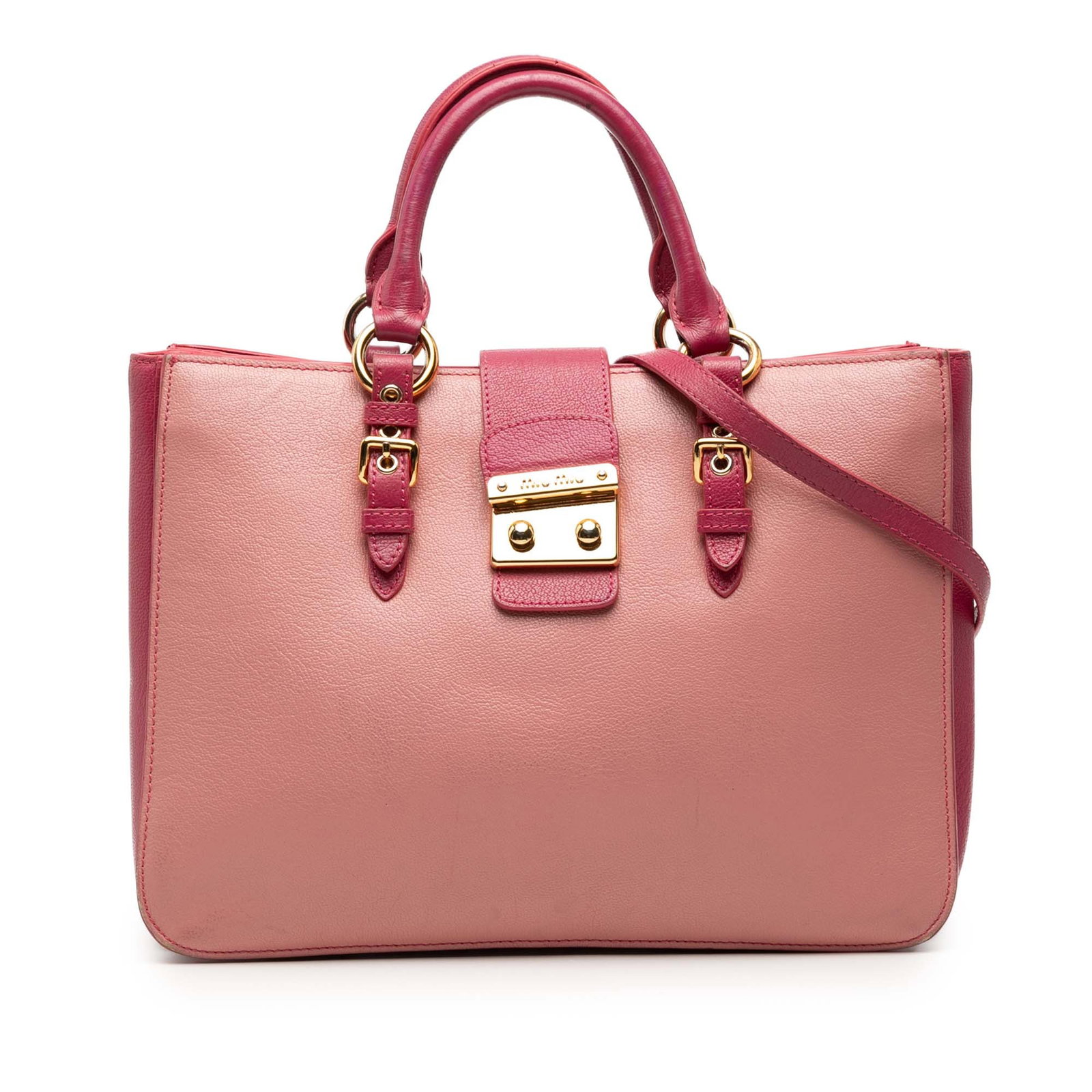 Miu Miu Madras Pink Leather Convertible Satchel with Lock Closure: Miu Miu Madras Pink Leather Convertible Satchel with Lock Closure This Miu Miu Bicolor Madras Leather Convertible Lock Tote is crafted from goatskin leather and features rolled handles, a detachable f