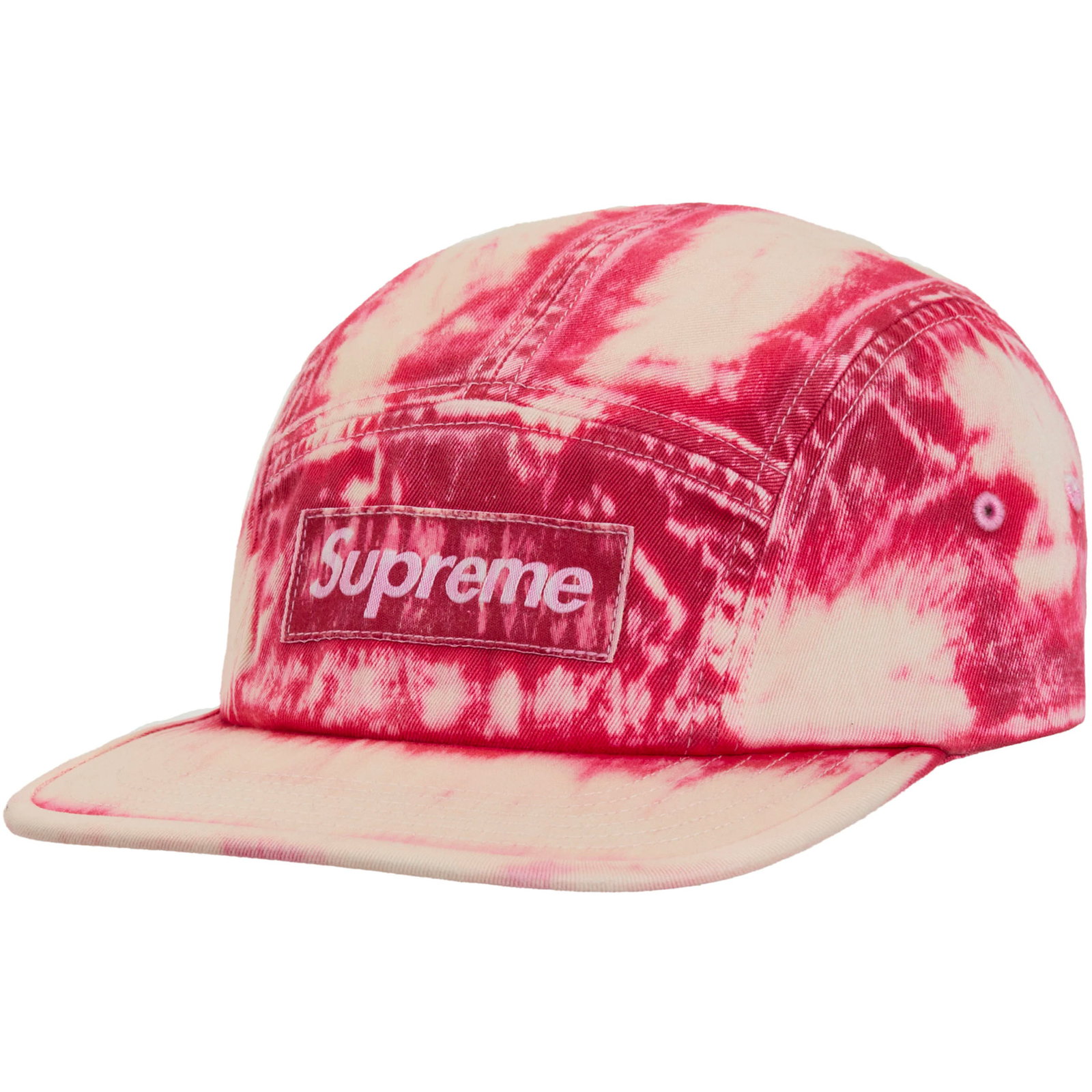 Red Supreme Camp Cap in Bleached Chino Cotton: Red Supreme Camp Cap in Bleached Chino Cotton This is an authentic Supreme Bleached Chino Red Camp Cap in un-used and unworn condition. The cap features a distinctive bleached effect on red chino fabr
