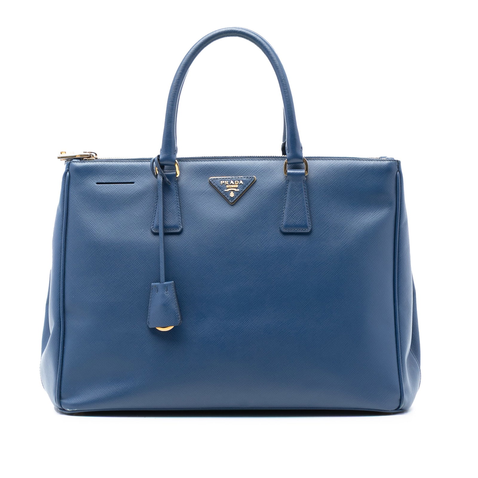 Prada Saffiano Leather Galleria Tote Bag with Double Zip Compartments: Prada Saffiano Leather Galleria Tote Bag with Double Zip Compartments This Prada Large Saffiano Lux Galleria Double Zip Tote features a blue saffiano leather body, rolled handles, an open top, dual