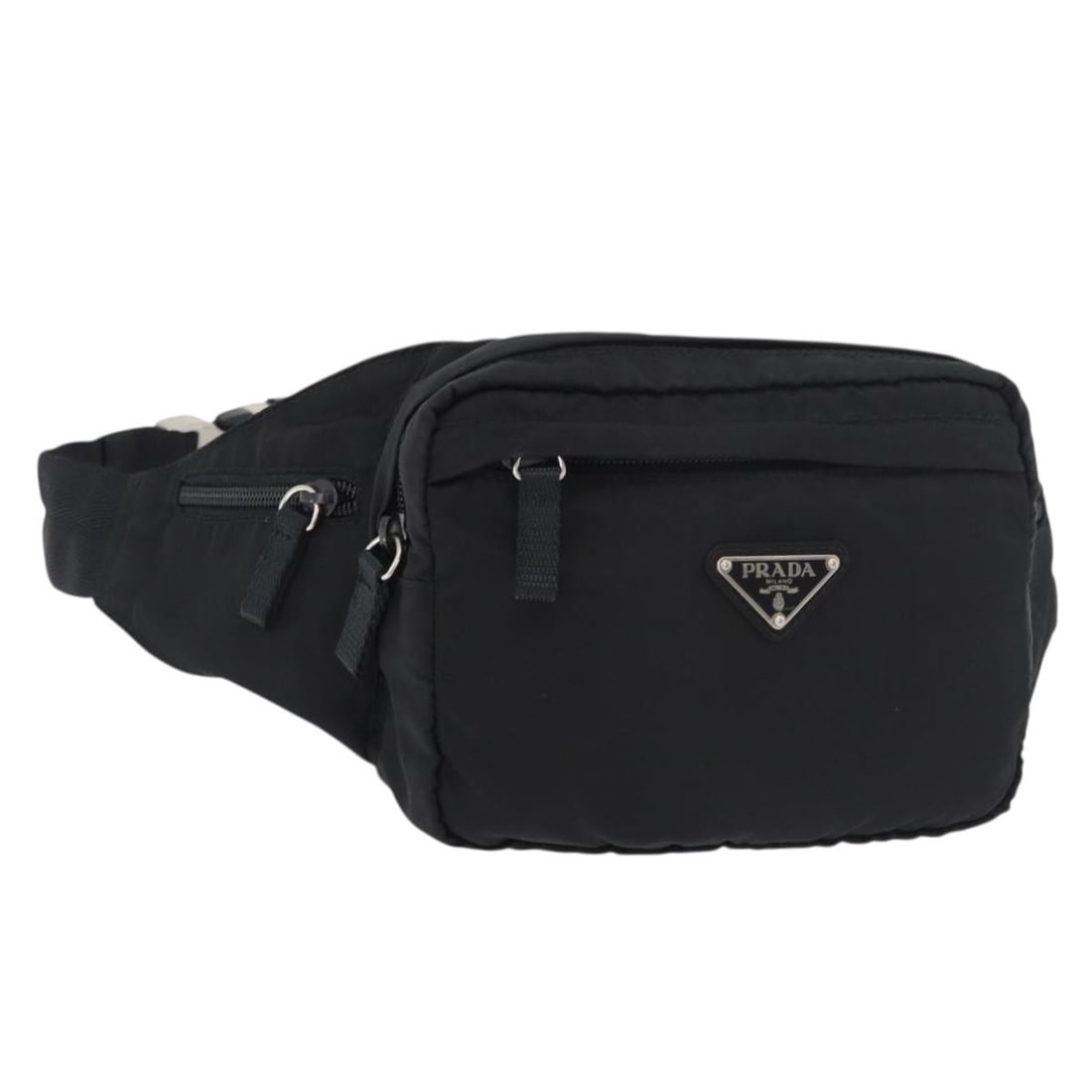 Prada nylon black silver women body bag with guarantee card: Prada nylon black silver women body bag with guarantee card This Prada body bag features a sleek black nylon exterior with silver accents. Designed for women, it offers a compact and versatile option 