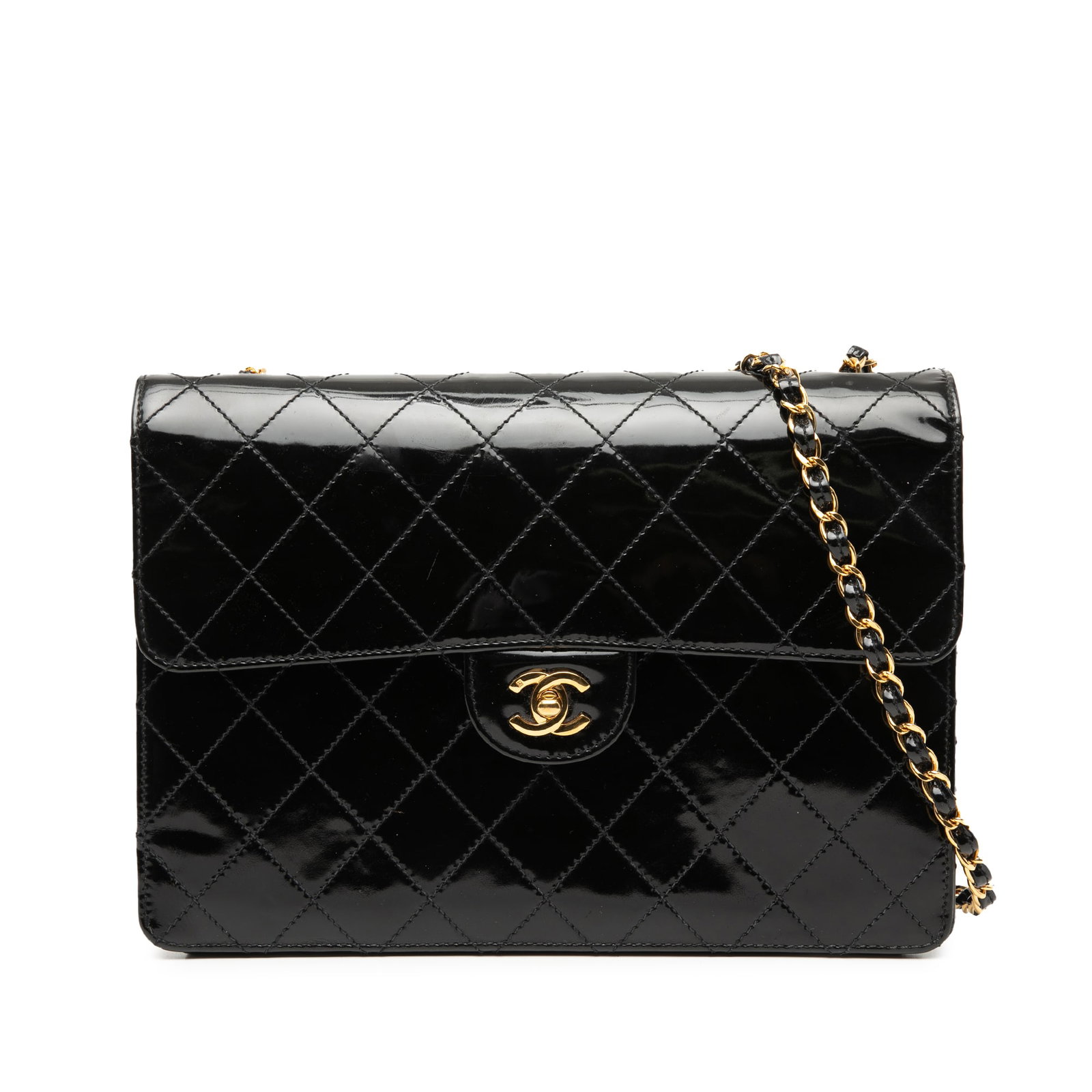 Chanel Jumbo XL Classic Black Patent Leather Crossbody Flap Bag: Chanel Jumbo XL Classic Black Patent Leather Crossbody Flap Bag This Chanel Jumbo XL Classic Patent Single Flap crossbody bag features a quilted patent leather body in black, complemented by a leather