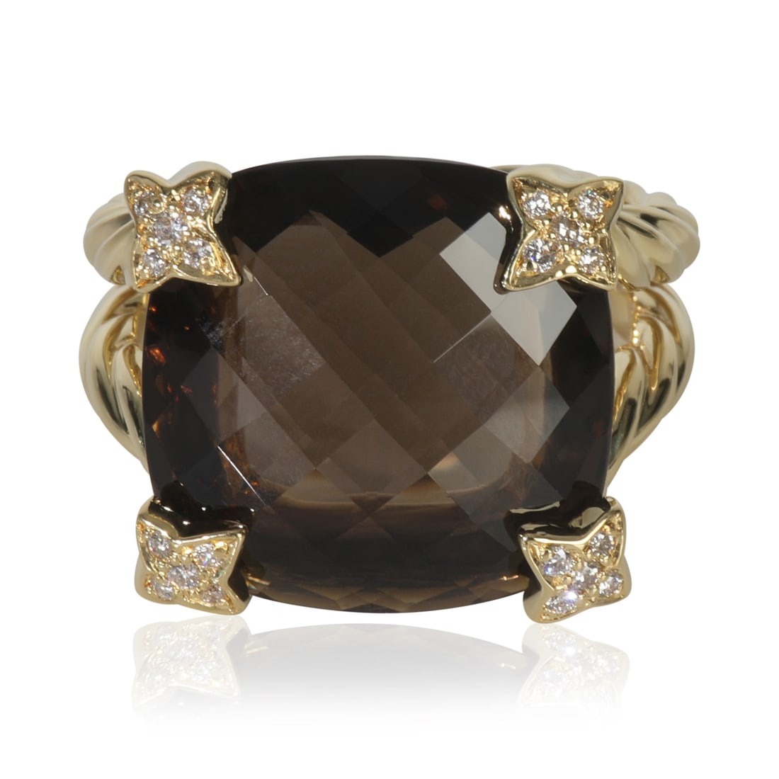 On Point 18k Yellow Gold Ring with Smokey Quartz and Diamonds by David Yurman: On Point 18k Yellow Gold Ring with Smokey Quartz and Diamonds by David Yurman This David Yurman On Point ring features a round brilliant smokey quartz as the centerpiece, accented with 0.10 carats of 