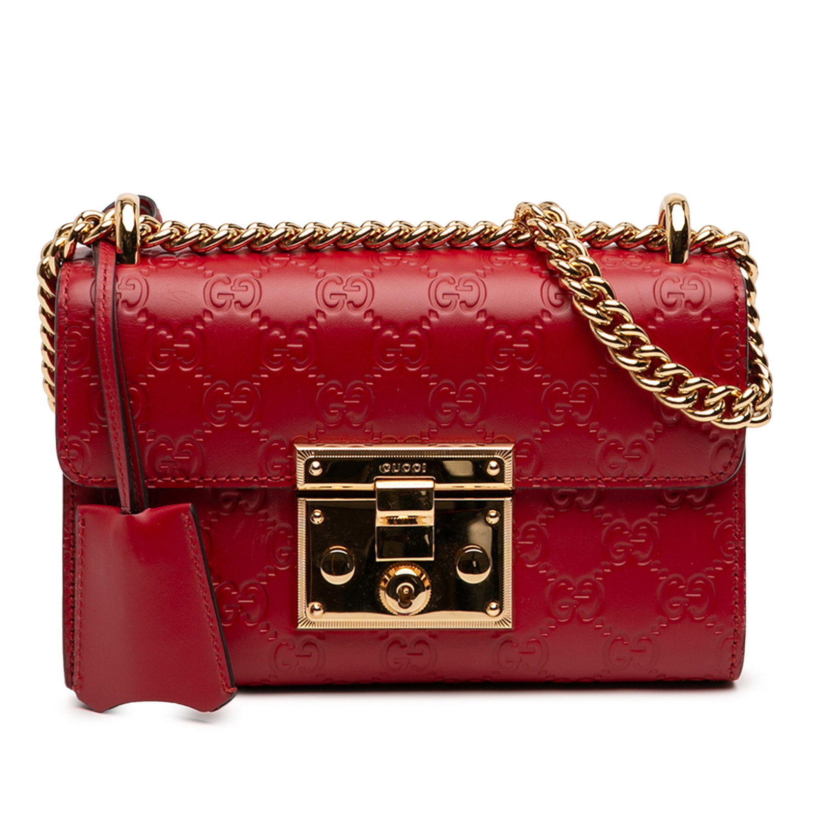 Gucci Padlock Red Embossed Leather Small Crossbody Bag with Chain Strap: Gucci Padlock Red Embossed Leather Small Crossbody Bag with Chain Strap This Gucci Small Guccissima Padlock Crossbody bag features embossed leather in a vibrant red color. It is designed with a chain 
