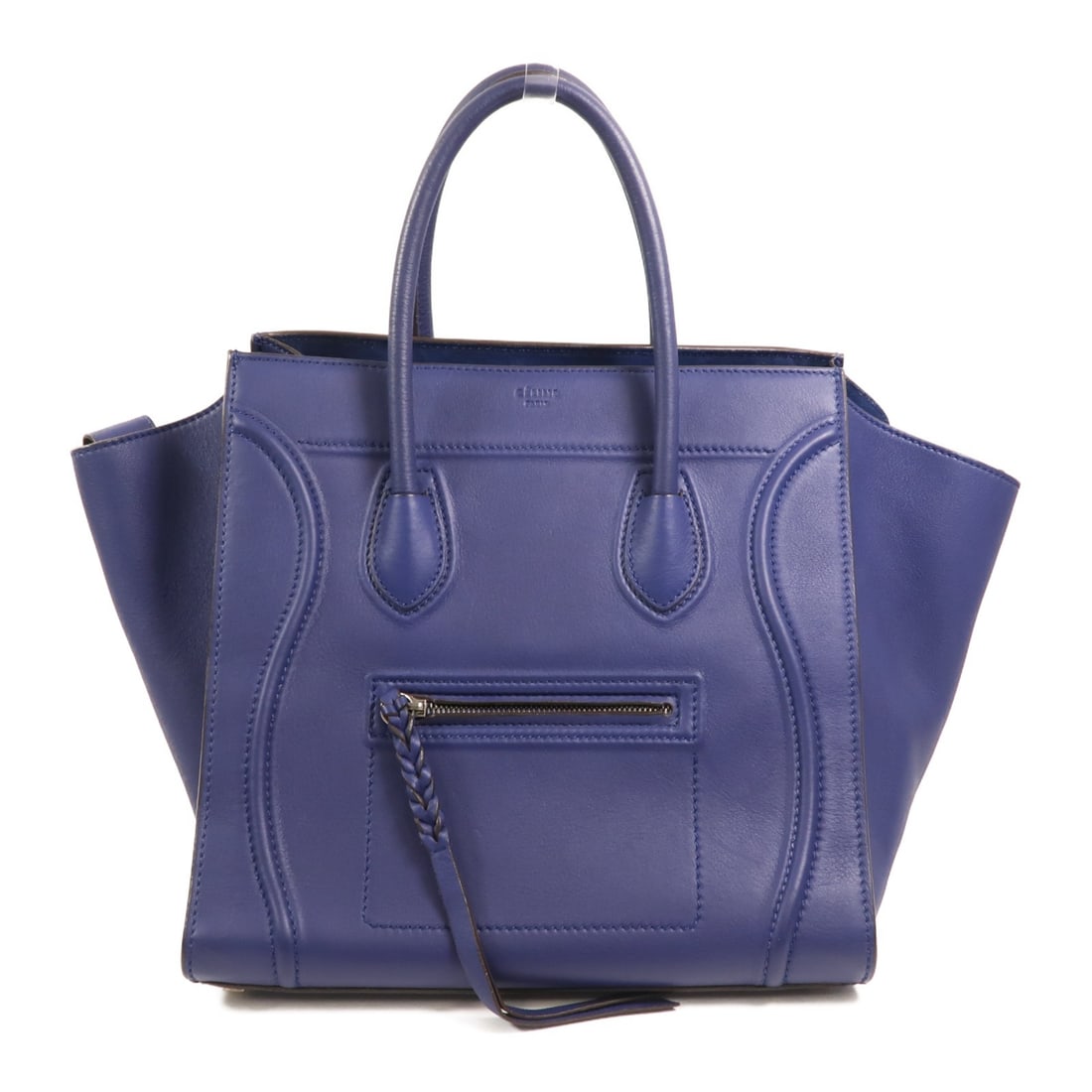 Blue Calfskin Phantom Luggage Shoulder Bag by Celine: Blue Calfskin Phantom Luggage Shoulder Bag by Celine This CELINE Phantom Luggage shoulder bag is crafted from blue calfskin leather and features a spacious design with a structured silhouette. Made in