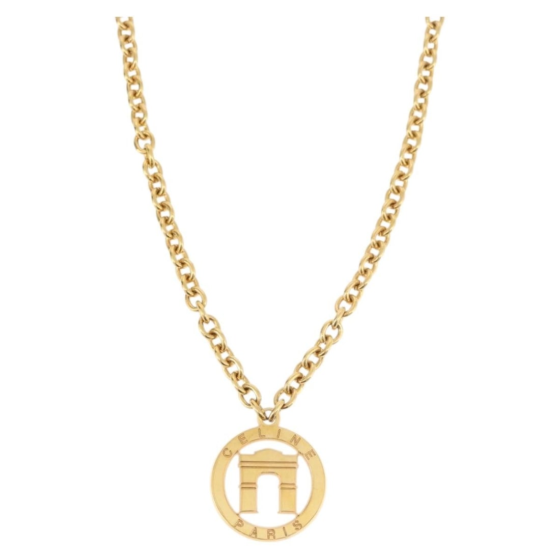 CELINE Gold Tone Arc de Triomphe Pendant Necklace: CELINE Gold Tone Arc de Triomphe Pendant Necklace This CELINE Arc de Triomphe necklace features a gold tone metal finish and is designed for women. The necklace measures approximately 63 cm (24.8 inch
