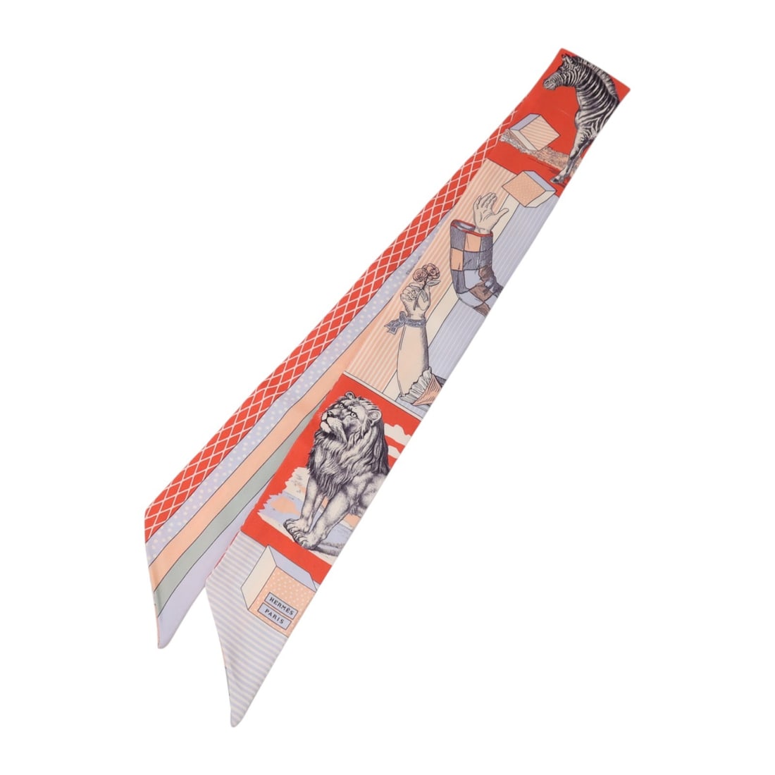 Hermes Twilly Silk Scarf Orange Pink Blue Grey Multicolor: Hermes Twilly Silk Scarf Orange Pink Blue Grey Multicolor This Hermes Twilly scarf is crafted from luxurious silk and features a vibrant multicolor palette with dominant shades of orange, pink, light 