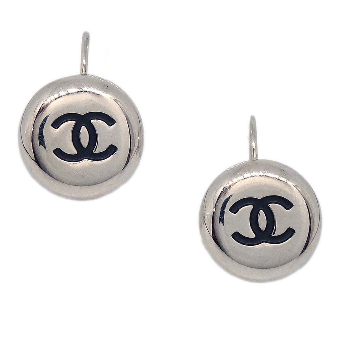 Silver Pierced Earrings with Button Design by Chanel 97A: Silver Pierced Earrings with Button Design by Chanel 97A These Chanel button-style pierced earrings feature a silver tone and a screw back closure. Crafted in France, they offer a refined and stylish 