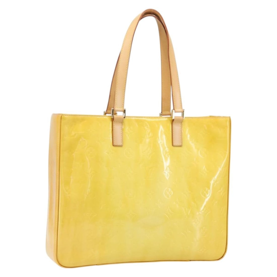 Monogram Vernis Columbus Lime Yellow Patent Tote by Louis Vuitton M91047: Monogram Vernis Columbus Lime Yellow Patent Tote by Louis Vuitton M91047 This Louis Vuitton Columbus tote bag features the signature Monogram Vernis patent leather in a vibrant lime yellow color. Craf