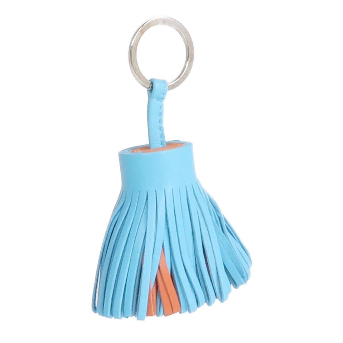 Carmen Sheep Leather Bag Charm in Blue and Brown with Palladium Hardware: Carmen Sheep Leather Bag Charm in Blue and Brown with Palladium Hardware Hermes Carmen Charm crafted from Milo lambskin leather in blue and brown tones. Designed as a stylish accessory for women, this