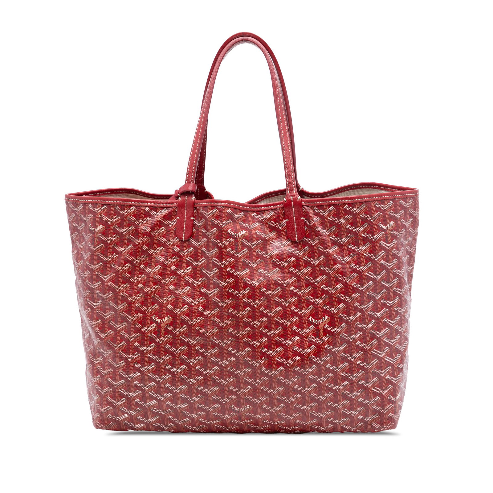 Goyard Saint Louis PM Red Coated Canvas Tote with Pouch: Goyard Saint Louis PM Red Coated Canvas Tote with Pouch The Saint Louis PM is crafted from coated canvas with leather trim and features flat leather straps, an open top, and an interior pouch. The bag