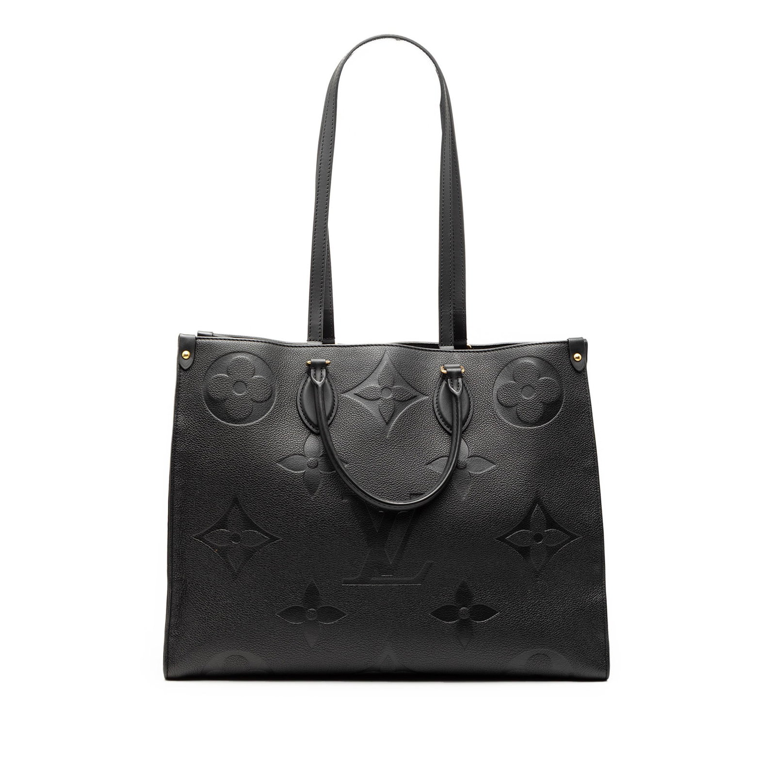 Louis Vuitton Onthego MM Black Monogram Empreinte Leather Tote Bag: Louis Vuitton Onthego MM Black Monogram Empreinte Leather Tote Bag This Louis Vuitton Monogram Empreinte Onthego MM handbag features a monogram embossed leather body in black, rolled leather handles, 