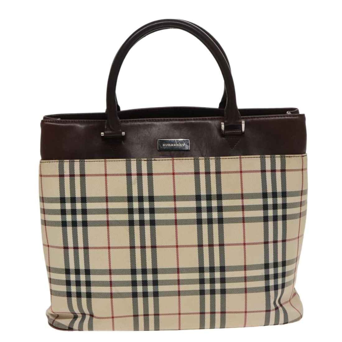 Burberry Beige Canvas Nova Check Tote with Leather Trim: Burberry Beige Canvas Nova Check Tote with Leather Trim This Burberry Nova Check Tote features the iconic beige checked canvas with leather accents, designed for women. The tote has a spacious interio