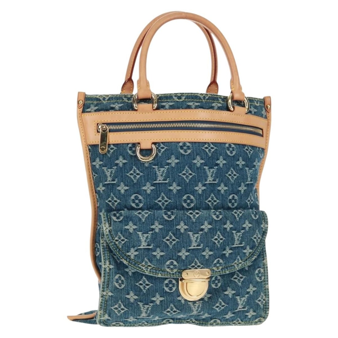 Monogram Denim Tote Blue Flat Shopper by Louis Vuitton M95018 with Name Tag: Monogram Denim Tote Blue Flat Shopper by Louis Vuitton M95018 with Name Tag This Louis Vuitton Monogram Denim Flat Shopper Tote Bag features a blue monogram denim canvas exterior and is designed for w
