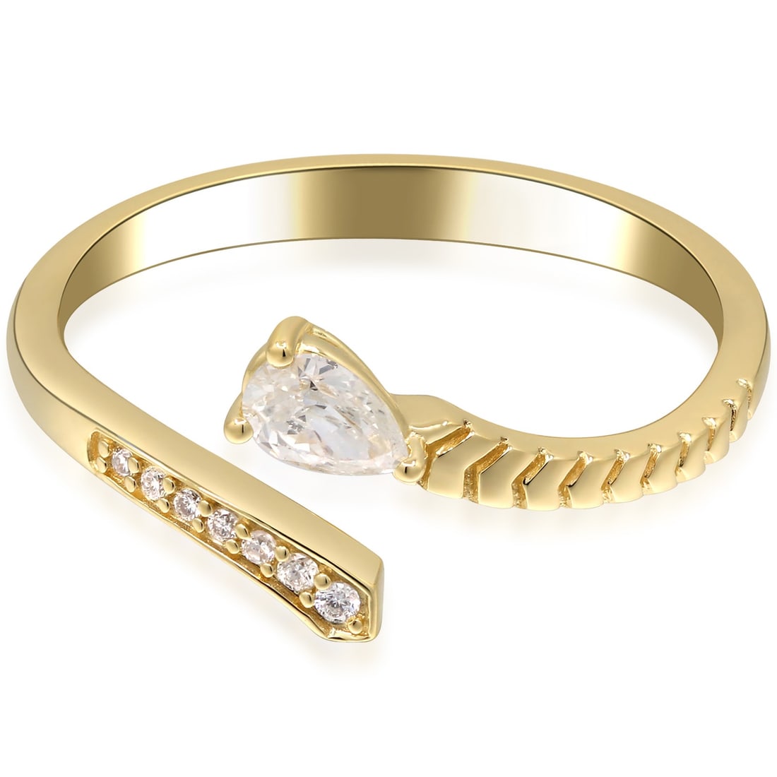 14K Yellow Gold Pear and Round Diamond Bypass Ring Size 7: 14K Yellow Gold Pear and Round Diamond Bypass Ring Size 7 This 14K yellow gold bypass ring features a pear-shaped, round brilliant white diamond as the main stone, complemented by additional diamond s