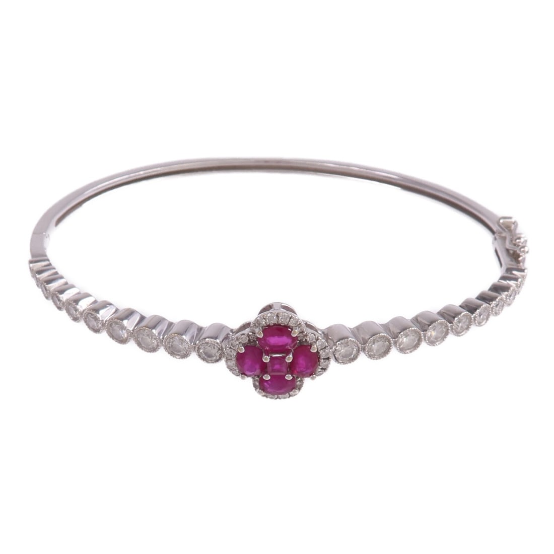 18K White Gold Bracelet with Ruby and Diamond Accents for Women: 18K White Gold Bracelet with Ruby and Diamond Accents for Women This elegant bracelet for women features vibrant red rubies and sparkling diamonds set in 18K white gold. Designed in a classic style, i