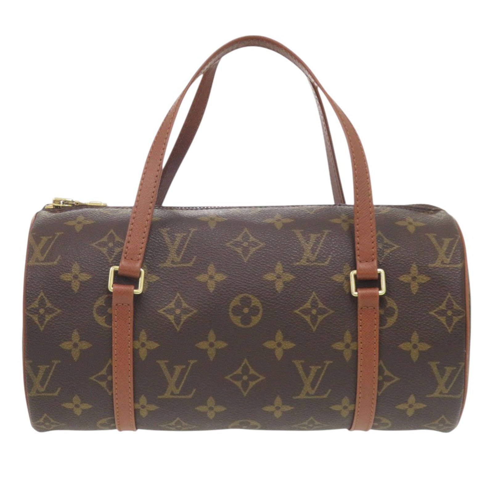 Louis Vuitton Papillon 26 Monogram Canvas Handbag with Leather Handles: Louis Vuitton Papillon 26 Monogram Canvas Handbag with Leather Handles The Louis Vuitton Monogram Papillon 26 features a monogram canvas body with leather handles and a top zip closure. The brown bag 