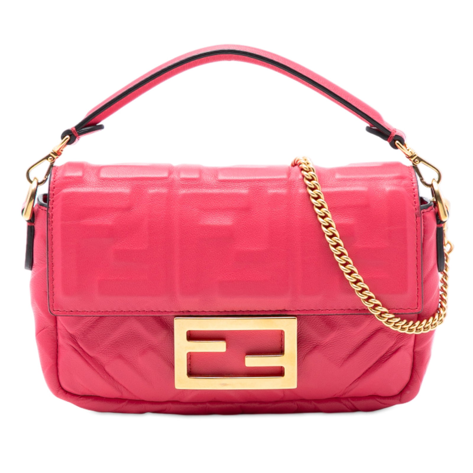 Mini Baguette Satchel in Pink Embossed Leather with Removable Chain by Fendi: Mini Baguette Satchel in Pink Embossed Leather with Removable Chain by Fendi This Fendi Mini Zucca Baguette Satchel showcases a pink embossed leather body and features a detachable flat leather handle