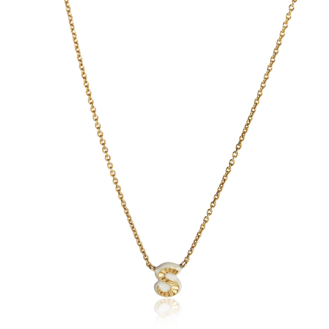 14K Yellow Gold Cream Enamel S Initial Pendant for Necklace: 14K Yellow Gold Cream Enamel S Initial Pendant for Necklace This pre-owned Cream Enamel Mini Initial S pendant is crafted from 14K yellow gold and features a cream enamel finish. Designed for women, i
