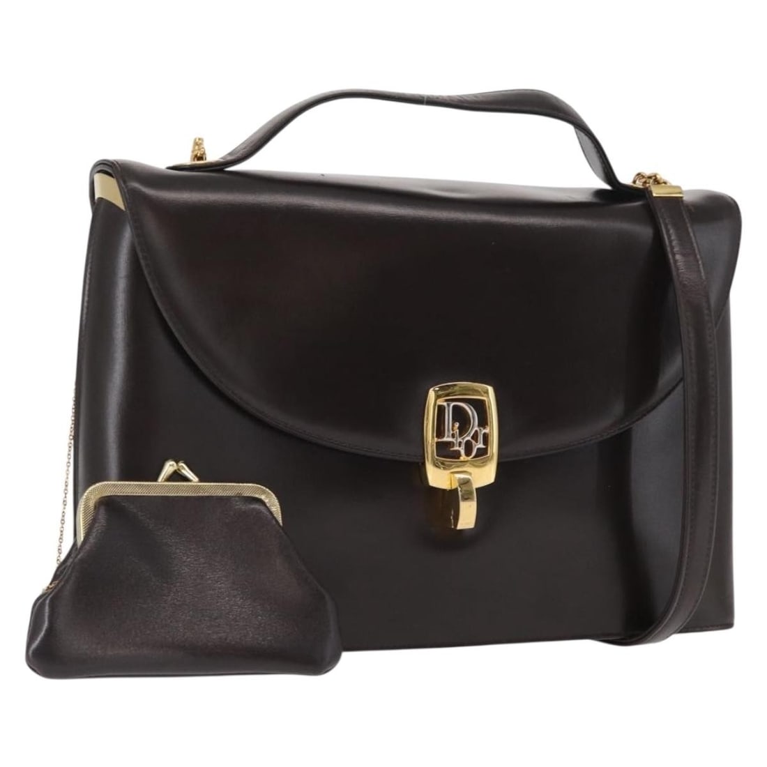 Christian Dior black leather two way handbag with gold accents and dust bag: Christian Dior black leather two way handbag with gold accents and dust bag This Christian Dior handbag features a black leather exterior with gold-tone accents and offers both hand and shoulder carry