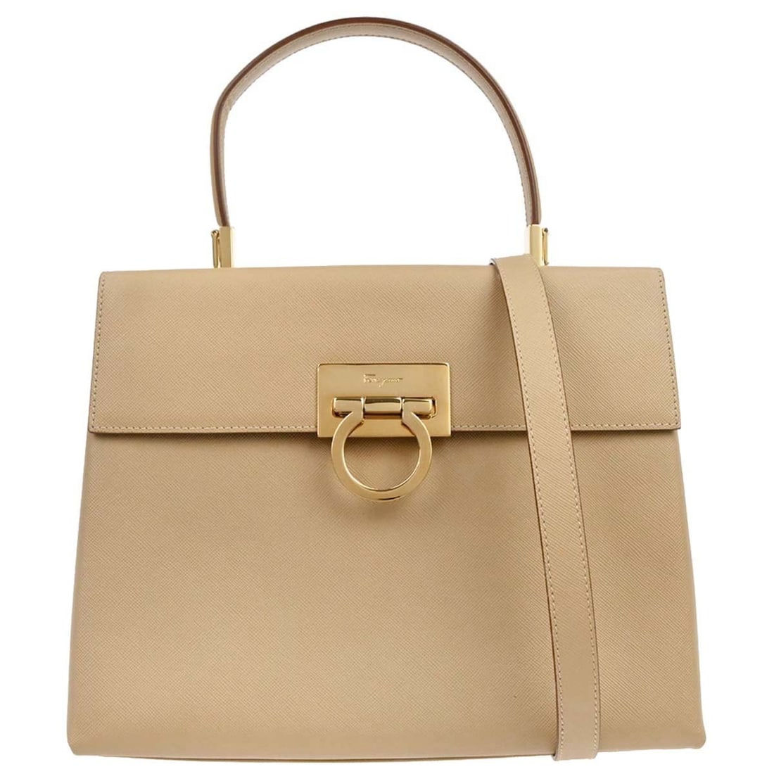 Beige Leather Gancini Medium Top Handle Bag by Salvatore Ferragamo: Beige Leather Gancini Medium Top Handle Bag by Salvatore Ferragamo This Salvatore Ferragamo Gancini 2-way handbag features a beige leather exterior with logo accents. Designed for versatility, it can 