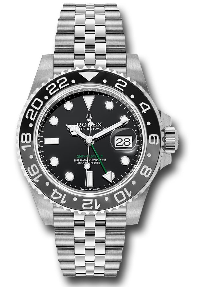 GMT-Master II Bruce Wayne Black Dial Jubilee Watch Ref 126710GRNR New Card: GMT-Master II Bruce Wayne Black Dial Jubilee Watch Ref 126710GRNR New Card This Rolex GMT-Master II Bruce Wayne features a black dial and a ceramic bezel, complemented by a Jubilee bracelet. It is a m