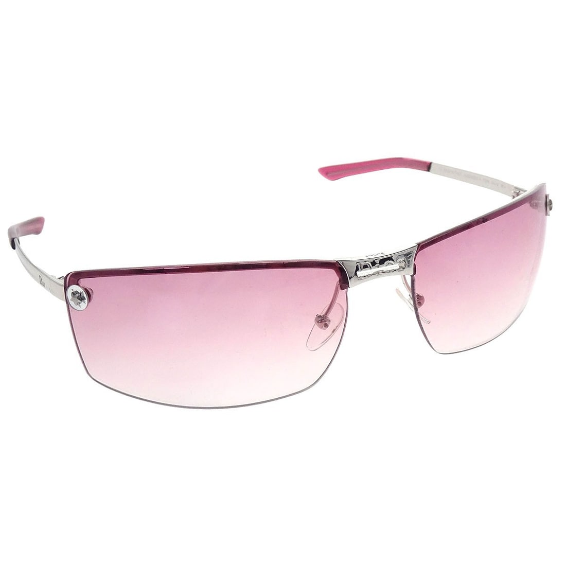 Christian Dior CC Logos Pink Acrylic Lens Sunglasses Silver Plated Frame: Christian Dior CC Logos Pink Acrylic Lens Sunglasses Silver Plated Frame These Christian Dior sunglasses feature a silver-plated frame and pink acrylic lenses, designed specifically for women. The eye