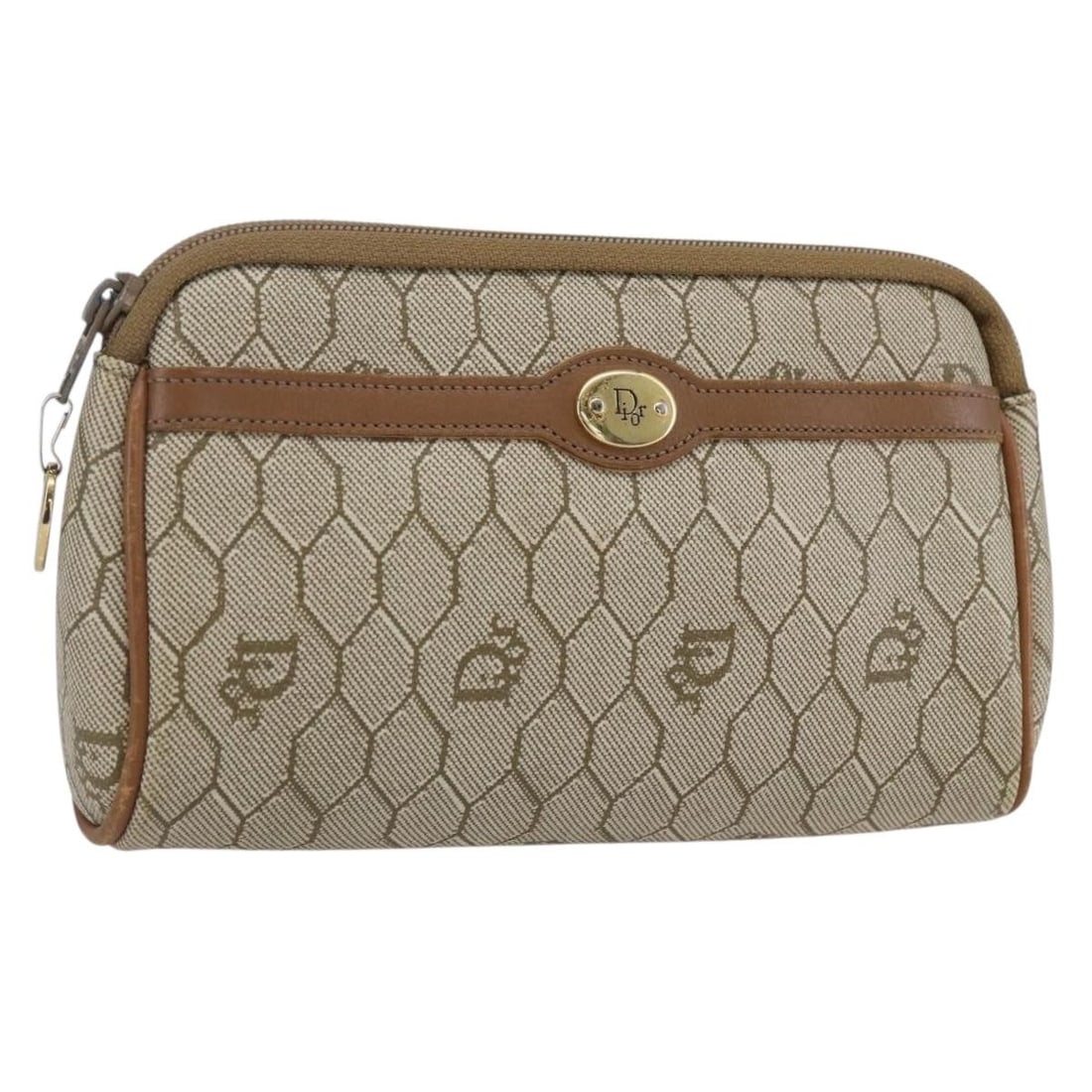 Beige Canvas Honeycomb Pouch with Zip Vintage by Christian Dior: Beige Canvas Honeycomb Pouch with Zip Vintage by Christian Dior This Christian Dior Vintage Honeycomb Zip Pouch features a classic beige canvas design with leather accents. Designed for women, it offe